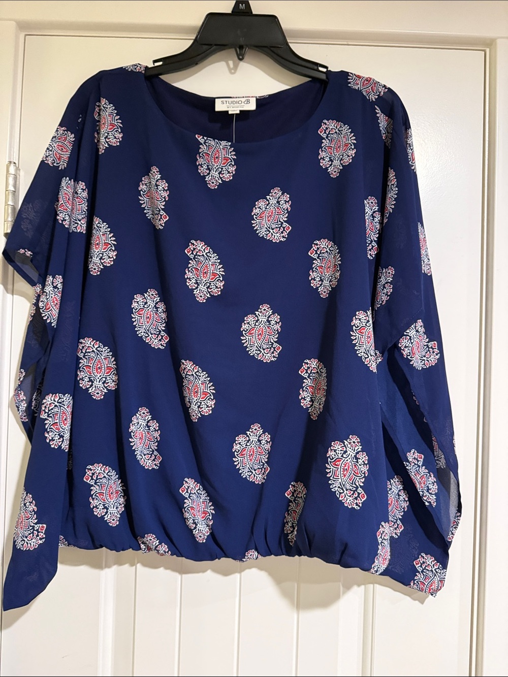 Studio B Navy Paisley-Print Peasant Blouse